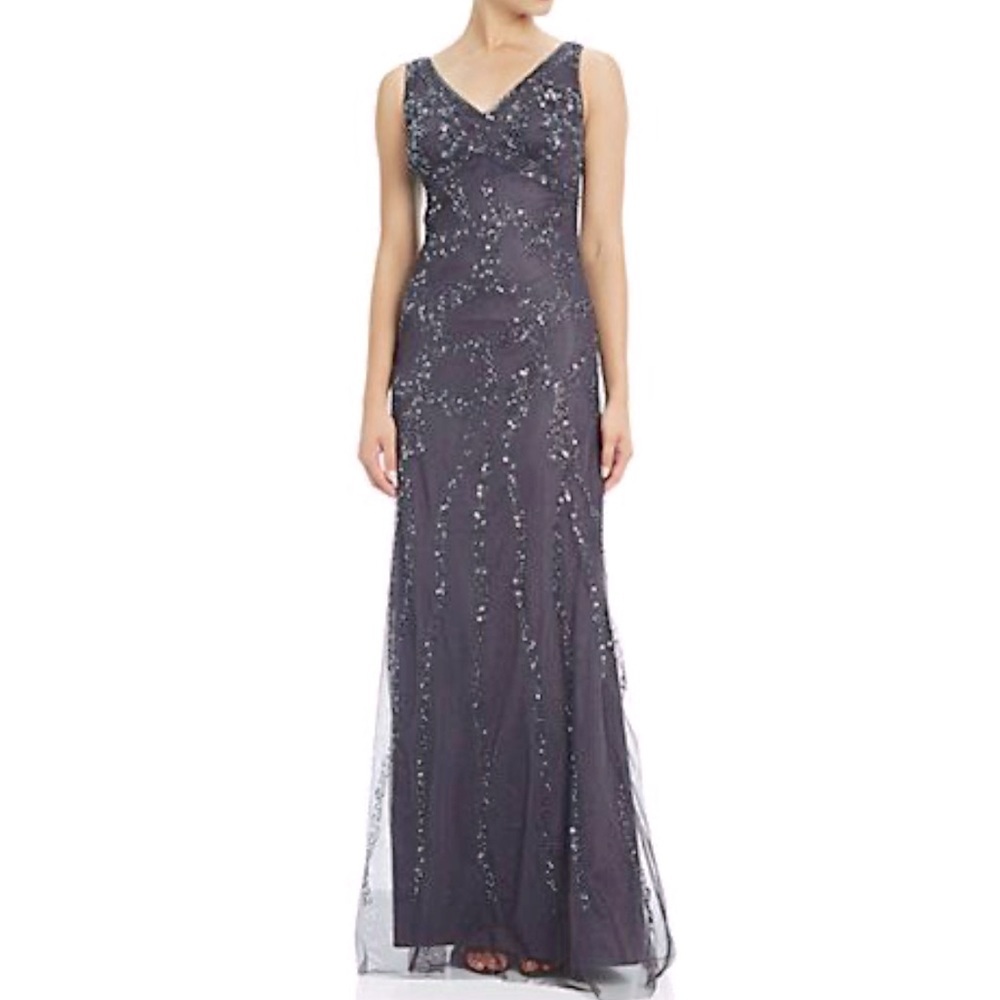 Adrianna Papell Size 10 Beaded Sleeveless Formal Gown w/ Sheer Overlay. Unique